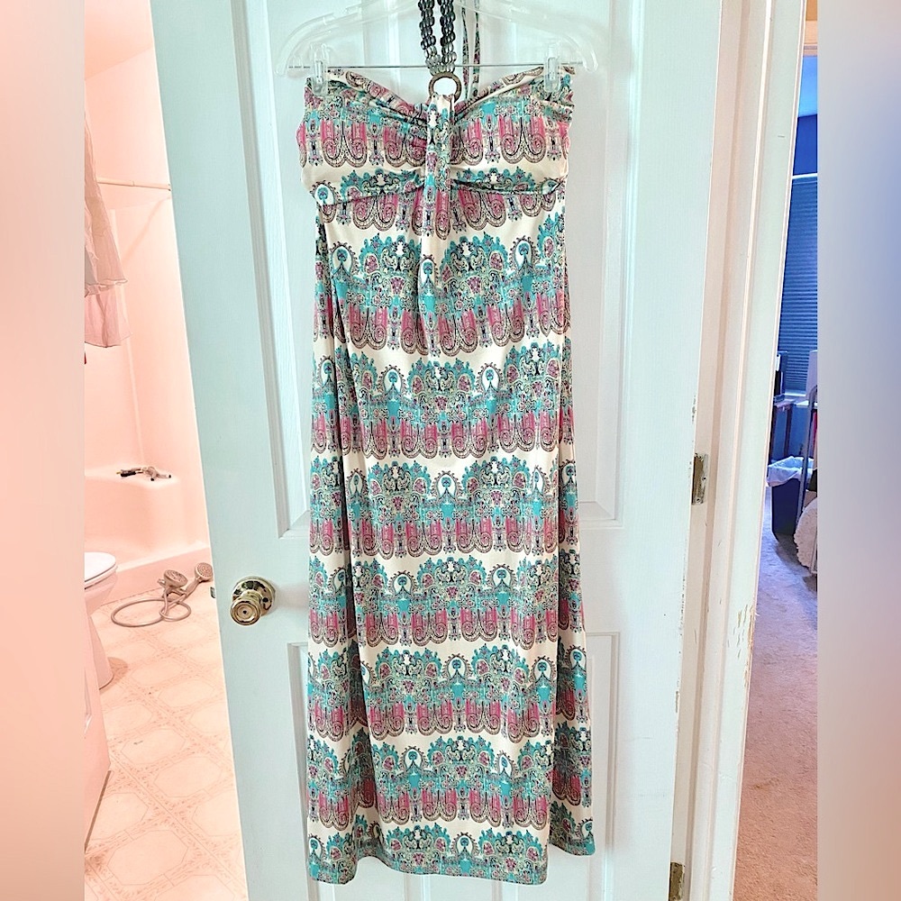 Colorful Paisley Scroll Design Halter Neck Maxi Dress size Large